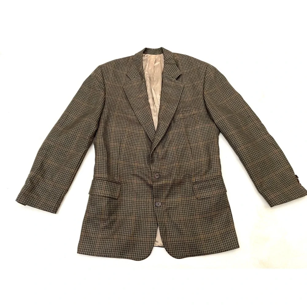 Vintage Polo University Club Houndstooth Pure Wool Men's Blazer 38L Brown Lined